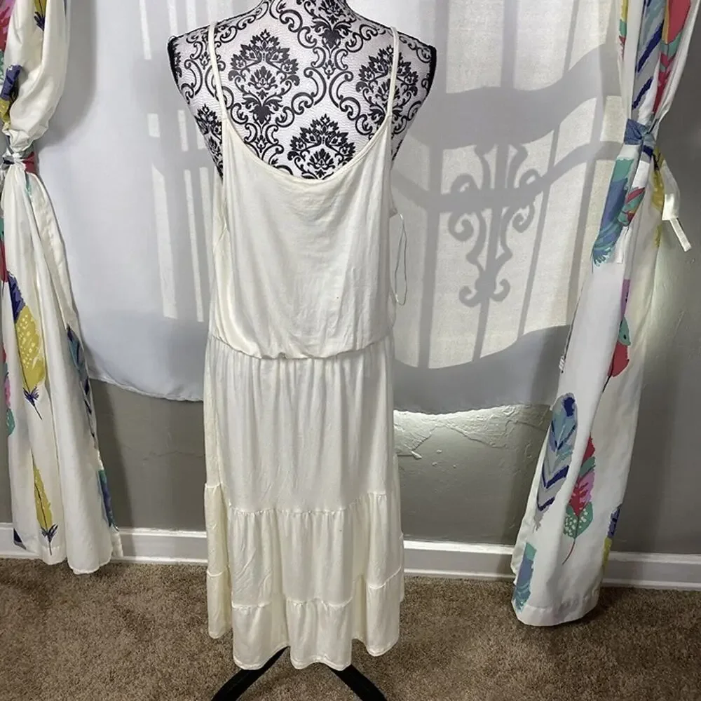 NWOT Beach Break Cream Drop Waist Midi Dress Large Sleeveless Tier Summer Rayon